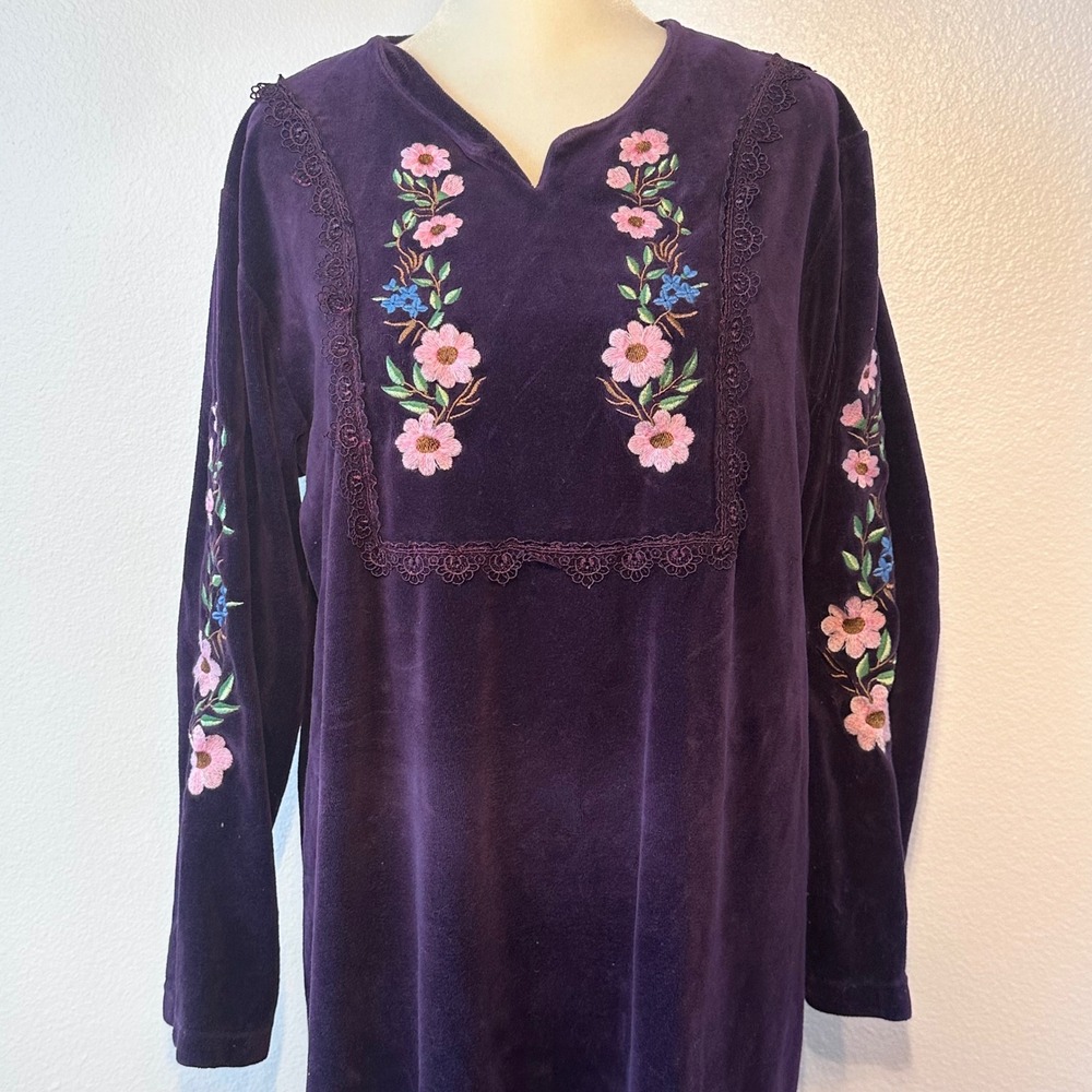 Vintage Floral Embroidered Hippie Lounge Velvet Sleep Dress Women XL Purple
